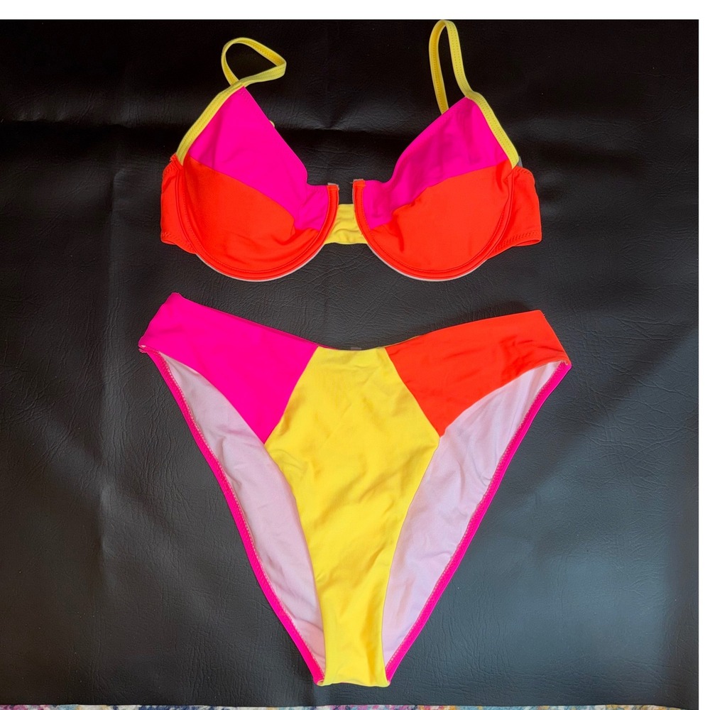 Popvil Neon Colorblock Underwire Bikini Set Pink Orange Yellow Womens Size M NEW